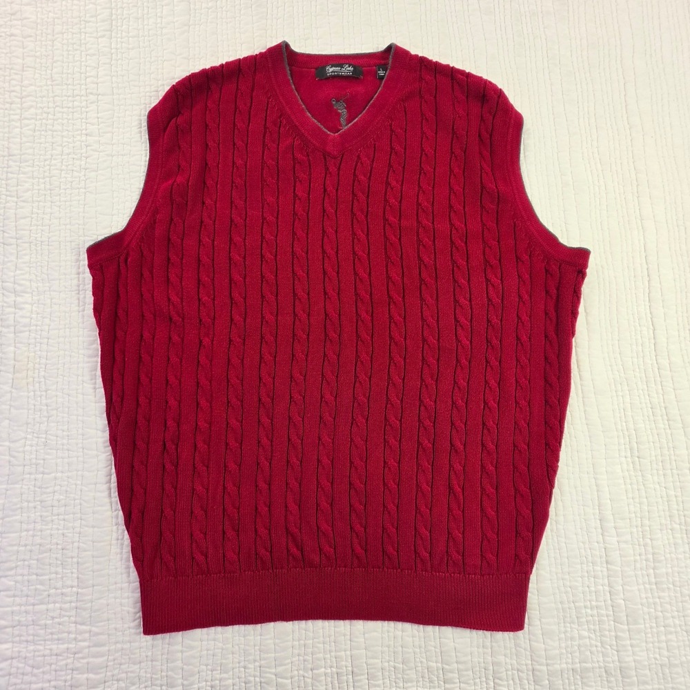 Cypress Links Sportswear Mens Red Cable Knit V-Neck Golf Sweater Vest Large EUC
